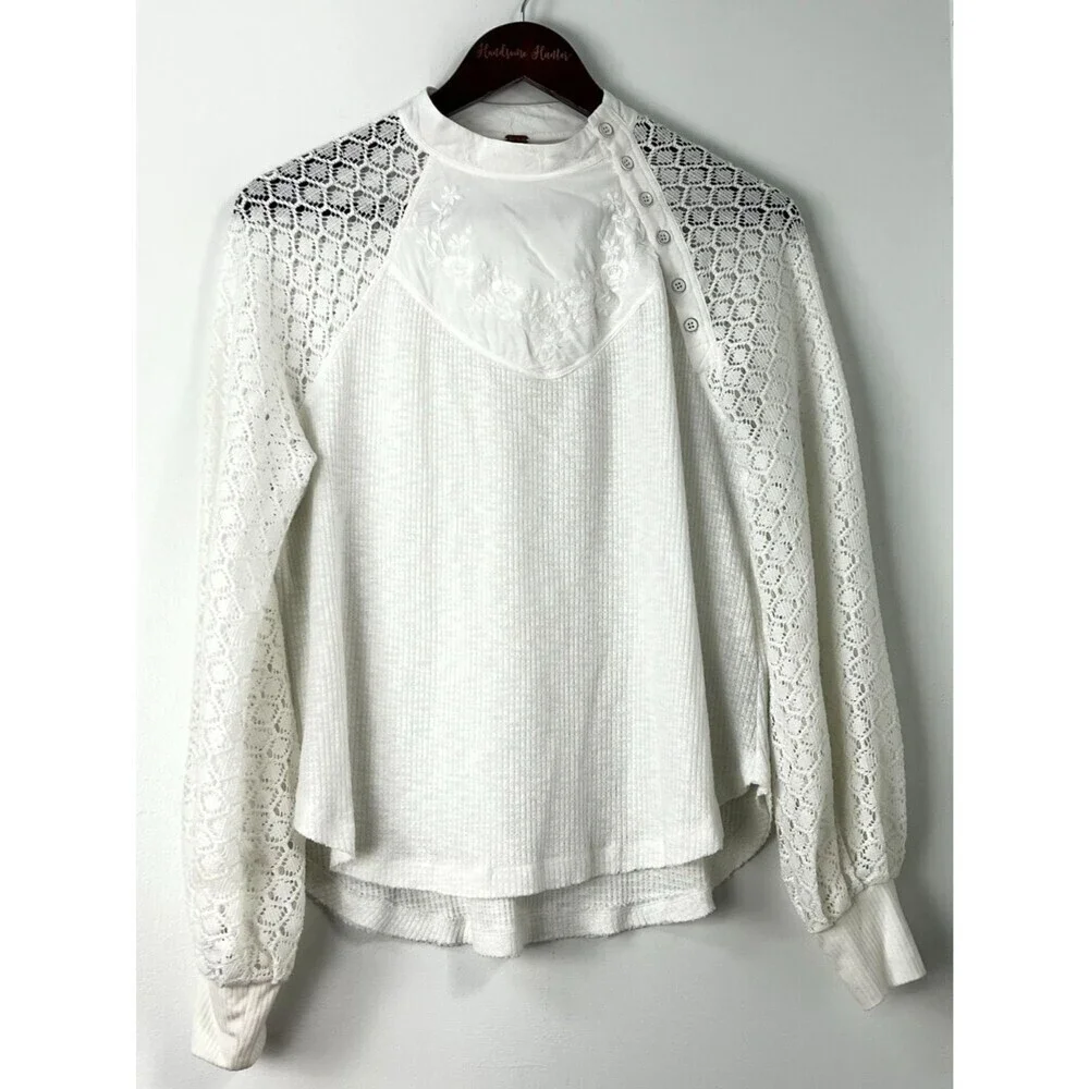 Free‎ People Sweetest Thing White Lace Thermal Top Sz S Boho Long Sleeve 1383R2
